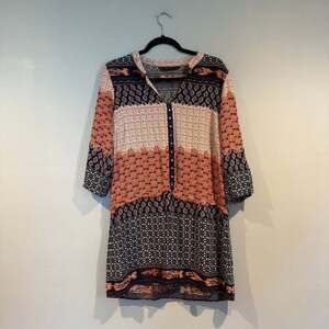 Zara Basic Tunic Dress Women’s Large Boho Print Geometric 3/4 Sleeve